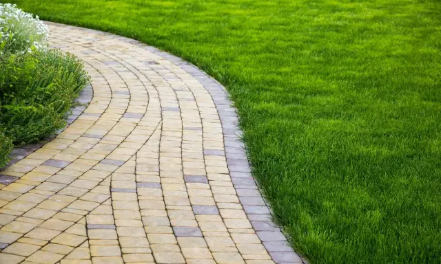 Vialetto ingresso casa curvo, pavimentato con blocchi di pietra chiara e scura, fiancheggiato da prato verde brillante e vegetazione rigogliosa.