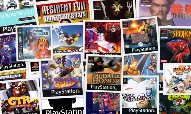 Kolekcja okładek gier na PS1: Crash Team Racing, Spyro, Tekken 3, Medal of Honor, Spider-Man i inne klasyki.