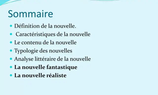 Sommaire d'un cours sur la nouvelle, incluant la définition, les caractéristiques, le contenu, la typologie, l'analyse, et spécifiquement la nouvelle fantastique et la nouvelle réaliste.