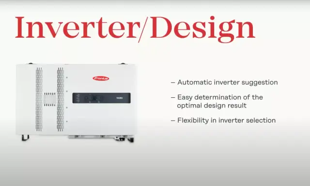 En vit Fronius växelriktare visas, med texten "Inverter/Design" ovanför.