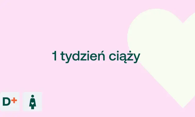 1 tydzień ciąży. Delikatny różowy tle z sercem. Dwa małe kwadraty z ikonami D+ i kobiety w ciąży.