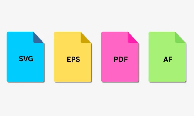 Cuatro iconos de archivos: SVG, EPS, PDF y AF. Cada uno en un color diferente, representando el formato vectorial imagen.