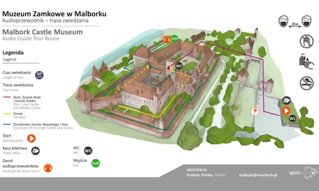 Mapa audiowycieczki po Zamku w Malborku, największym zamku w Polsce. Trasa obejmuje Zamek Niski, Średni, Tarasy i Dziedziniec Zamku Wysokiego.