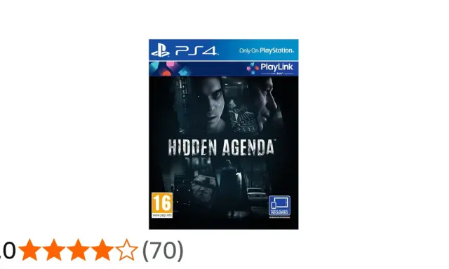 Okładka gry PS4 "Hidden Agenda". Mroczna grafika z twarzami w tle i tytułem gry. Gra wymaga aplikacji mobilnej.