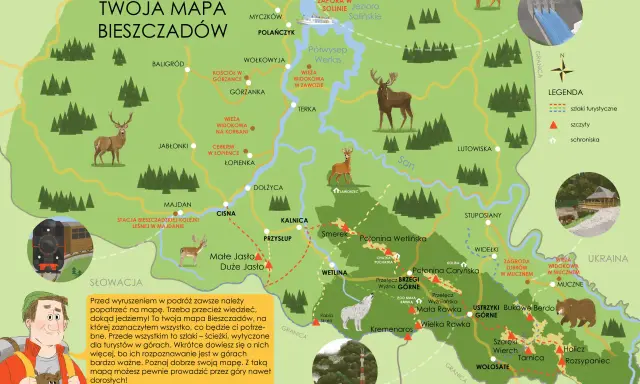 Mapa Bieszczadów z zaznaczonymi szlakami, szczytami, schroniskami, jeziorami i zwierzętami.