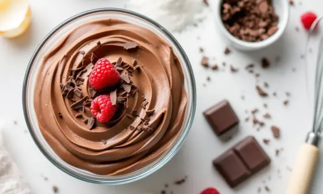 Mousse au chocolat sans jaune, onctueuse et aérienne, garnie de framboises fraîches et de copeaux de chocolat. Un délice léger et gourmand.