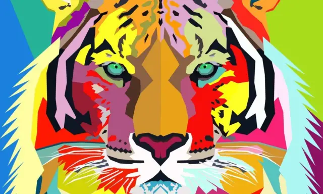 A vibrant, geometric tiger face in the style of easy pop art examples. Its eyes are a striking green, and the entire image bursts with bold, contrasting colors.