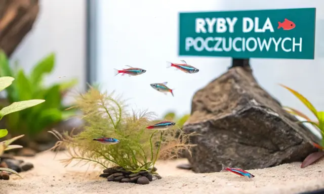 Małe, kolorowe rybki neonowe pływają w akwarium z piaskiem i roślinami.