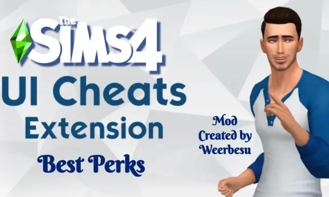 Grafika z napisem "The Sims 4 UI Cheats Extension" i postacią mężczyzny. Ten mod ułatwia grę.