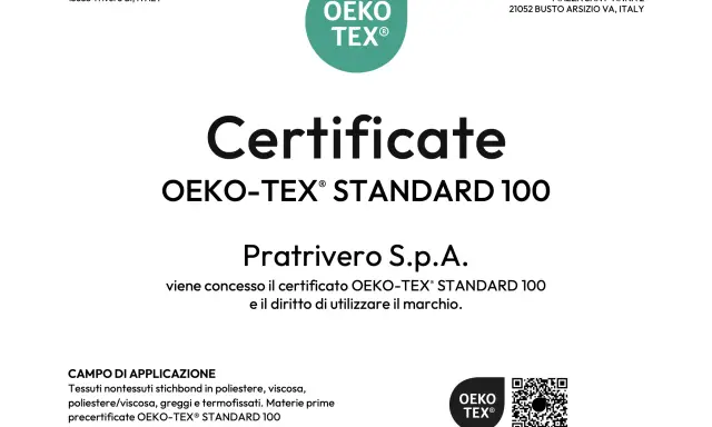 Certificato OEKO-TEX® STANDARD 100 per tessuti Pratrivero S.p.A. che garantisce l'assenza di sostanze nocive.