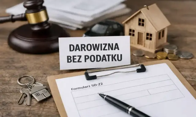 Darowizna dla dziecka bez podatku. Na stole młotek sędziowski, klucze, domek, monety i formularz SD-Z2.