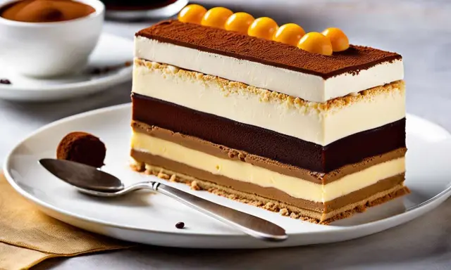 Tranche de tiramisu avec crème fouettée et mascarpone, garnie de billes dorées et de cacao. Un délice multicouche.