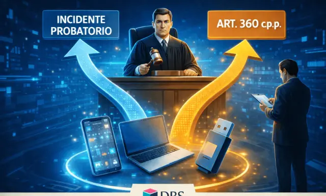 Giudice con martelletto, frecce blu e gialle, laptop, smartphone, chiavetta USB, testo "INCIDENTE PROBATORIO" e "ART. 360 c.p.p.".
