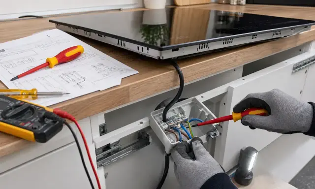 Instalator podłącza płytę indukcyjną 3-fazową, używając śrubokręta i instrukcji. Obok leży multimetr.