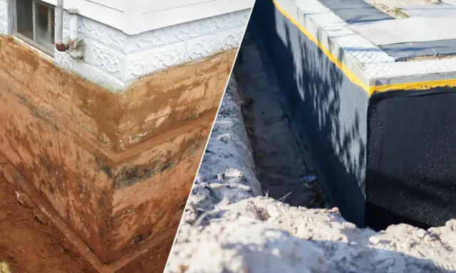 Porównanie: stary, wilgotny fundament z widocznymi warstwami ziemi i nowy, zabezpieczony czarną masą izolacyjną. Prawidłowa izolacja fundamentów to klucz do ochrony domu.