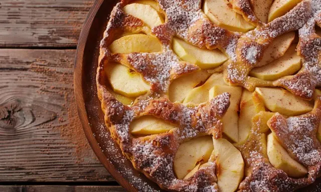 Un délicieux clafoutis aux pommes, saupoudré de sucre glace, repose sur un plateau en bois rustique.