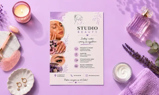 Darmowe szablony ulotek dla Studio Beauty. Pielęgnacja twarzy, manicure, stylizacja rzęs i brwi, relaks.