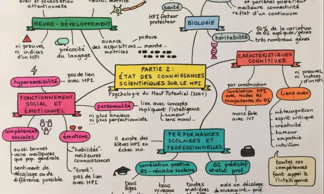 Carte mentale sur le HPI : neuro-développement, fonctionnement social et émotionnel, personnalité, performances scolaires et professionnelles, caractéristiques cognitives. Le HPI est un facteur protecteur.