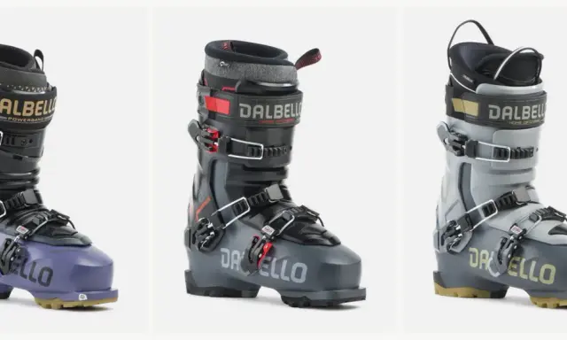Trzy buty narciarskie Dalbello w różnych kolorach: fioletowy, ciemnoszary i jasnoszary.