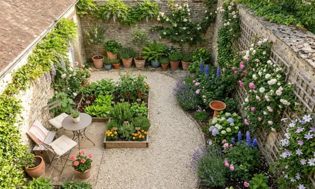 Idéal pour aménager un petit jardin de 20m2 : potager, fleurs, roses grimpantes et coin repas.