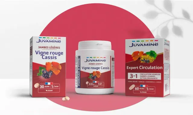 Produits Juvamine "Vigne rouge Cassis" et "Expert Circulation" pour des jambes légères. Les bienfaits de la vigne rouge pour la circulation.