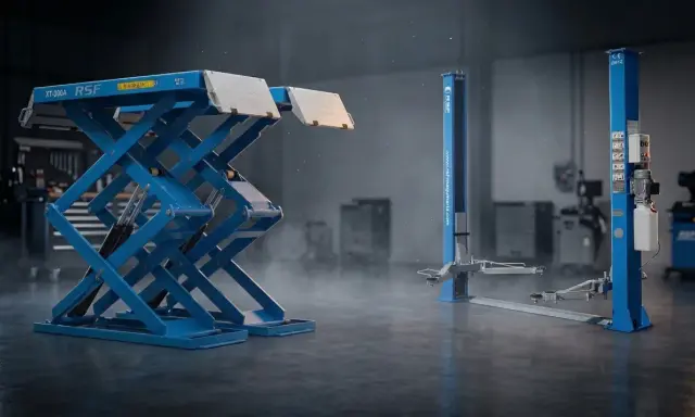 Dos tipos de elevadores para taller: uno de tijera azul y otro de dos columnas azul.