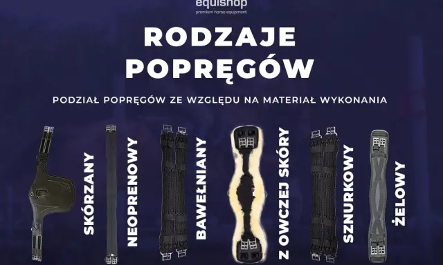 Różne rodzaje popręgów: skórzany, neoprenowy, bawełniany, z owczej skóry, sznurkowy i żelowy.