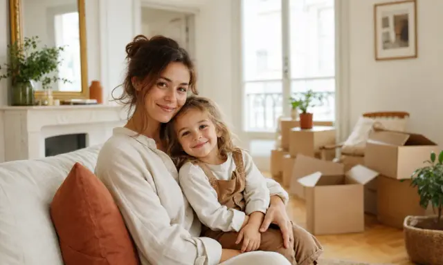 Mère et fille souriantes sur un canapé, entourées de cartons de déménagement. Un nouveau départ après un bail aux 2 noms, malgré la séparation.