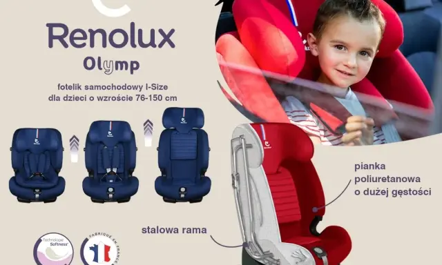 Renolux Olymp – fotelik I-Size dla dzieci 76-150 cm. Widok dziecka w czerwonym foteliku i prezentacja jego budowy: stalowa rama i pianka poliuretanowa.