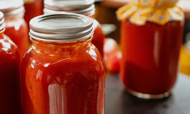 Plusieurs bocaux remplis de coulis de tomates maison, prêts à être dégustés.