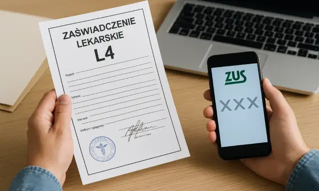 Ręce trzymają zaświadczenie lekarskie L4 i telefon z aplikacją ZUS. To dobry powód na zwolnienie lekarskie.
