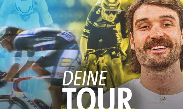 Ein Mann mit Schnurrbart lächelt, im Hintergrund Radfahrer bei einer Rennrad Mehrtagestour.
