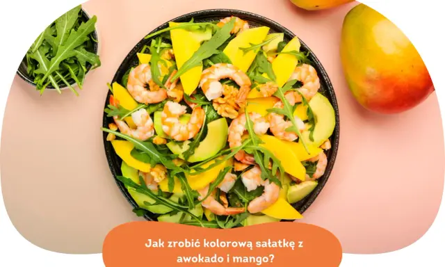 Kolorowa sałatka z awokado, krewetkami i mango. Aromatyczna rukola i orzechy dodają jej smaku.
