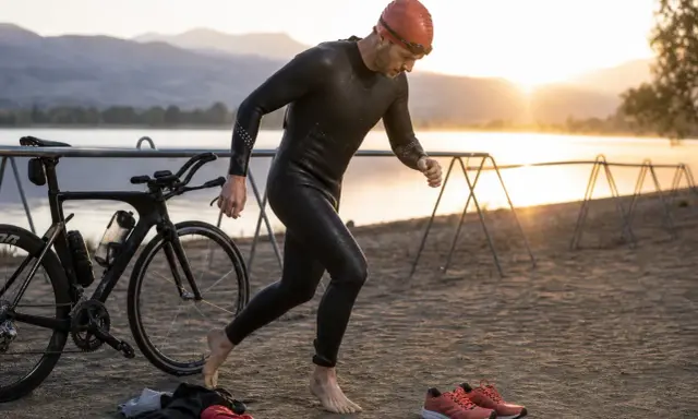 Triathlet in Neoprenanzug und Badekappe, bereit für die Herausforderung. Neben ihm steht sein Rennrad, die Laufschuhe warten. Die verschiedenen triathlon distanzen sind im Kopf.