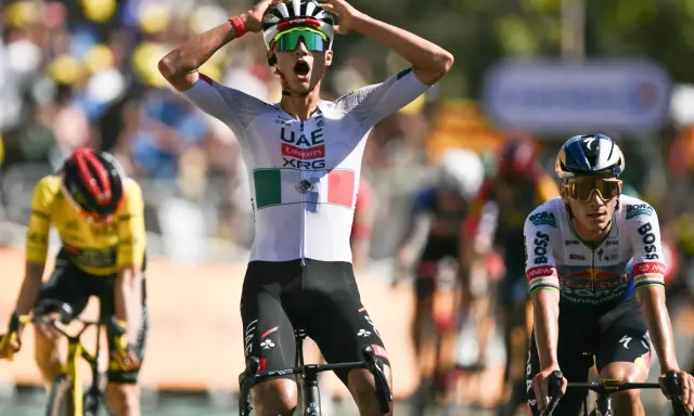 Radfahrer jubelt nach Etappensieg bei der Tour de France. So funktioniert die Tour de France: Ausdauer, Strategie und ein Hauch von Glück entscheiden.