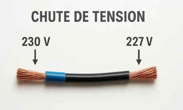 Chute de tension : 230V à gauche, 227V à droite. Le diamètre du câble électrique influence cette perte.