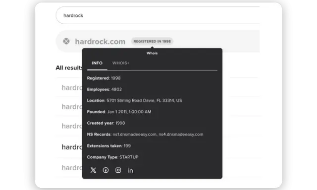 Wyniki wyszukiwania domeny hardrock.com z informacjami WHOIS, w tym datą rejestracji 1998.