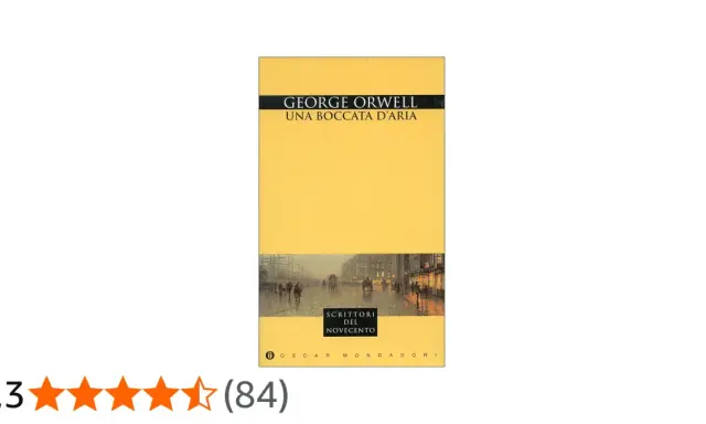 Copertina di "Una boccata d'aria" di George Orwell, con un'illustrazione di una strada cittadina nebbiosa e carrozze.