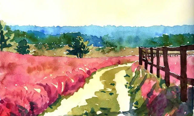 Eine farbenfrohe landschafts malerei mit einem Feld voller leuchtend roter Blumen, einem Feldweg und einem Holzzaun.