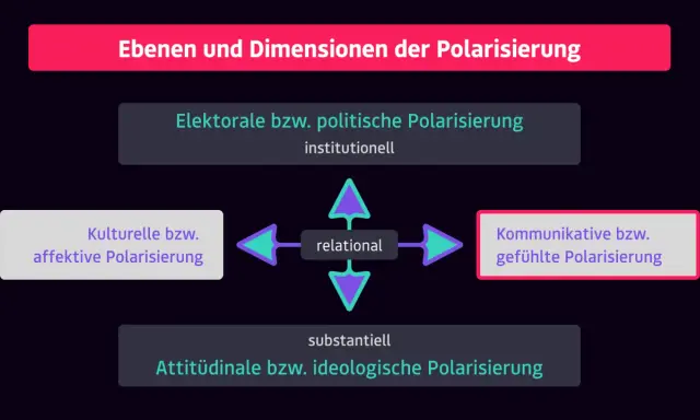 Diagramm zeigt Ebenen der Polarisierung: institutionell, affektiv, kommunikativ, attitudinal. Politik wird dadurch oft polarisiert.