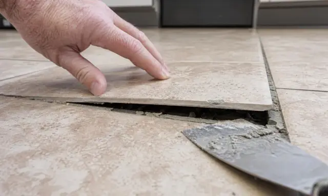 Dłoń sprawdza luźną płytkę, pod którą widać dziurę w płytce podłogowej i resztki zaprawy.