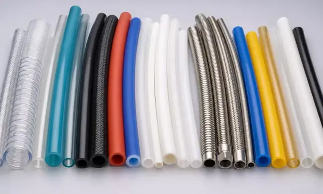 Gamme de tuyaux : transparent, bleu, rouge, noir, blanc, jaune, or et métal. Un tuyau plastique transparent est visible.