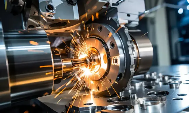 Macchinario industriale in azione, scintille luminose durante un corso CNC. Precisione e potenza nella lavorazione dei metalli.