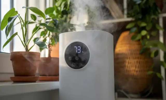 Luftbefeuchter sorgt für optimale Luftfeuchtigkeit für Pflanzen. Nebel steigt auf und umhüllt die grünen Blätter.