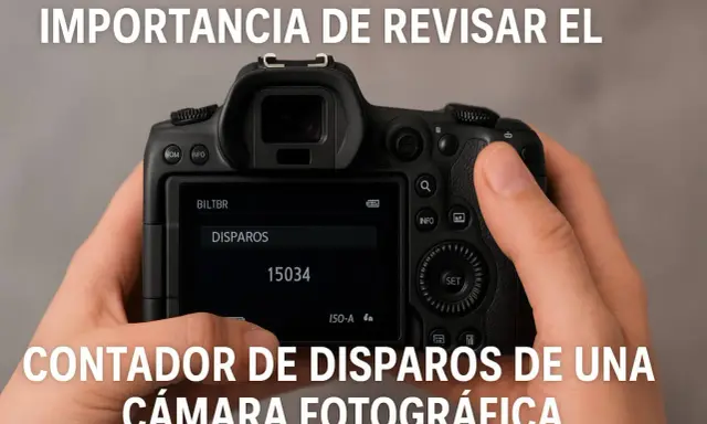 El contador de disparos de una cámara fotográfica muestra 15034. Es importante revisar cuántos disparos dura una cámara.