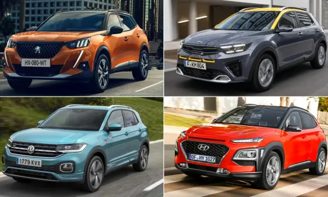 Cuatro tipos de coche modernos: un Peugeot naranja, un Kia gris y amarillo, un Volkswagen azul y un Hyundai rojo.