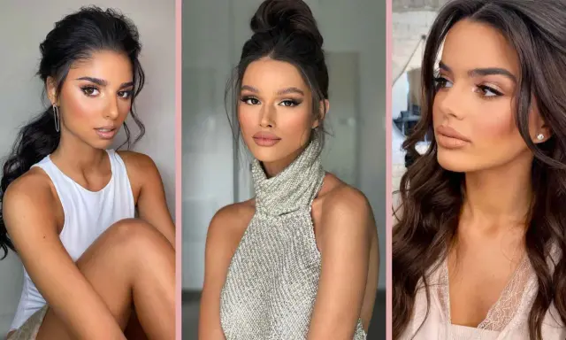 Tre donne con carnagione olivastra esaltata da makeup sui toni del nude e bronzo. Colori che stanno bene alle more con carnagione olivastra.