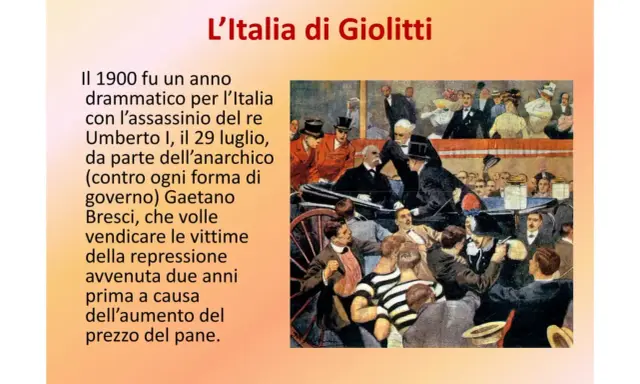 L'Italia di Giolitti: un'illustrazione storica mostra un evento drammatico del 1900, l'assassinio del re Umberto I, che segnò un periodo di tensioni sociali.