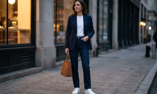 Kobieta w granatowej marynarce, białej koszulce i jeansach, z brązową torebką. Idealny smart casual na imprezę.