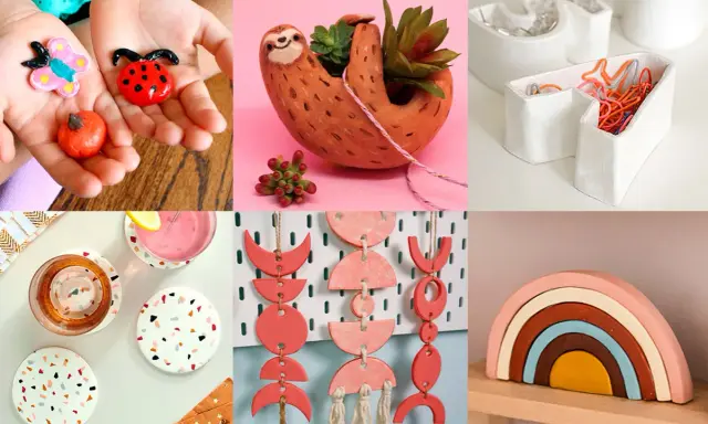 Créations en **diy argile autodurcissante** : porte-plante paresseux, sous-verres terrazzo, décorations murales et arc-en-ciel.